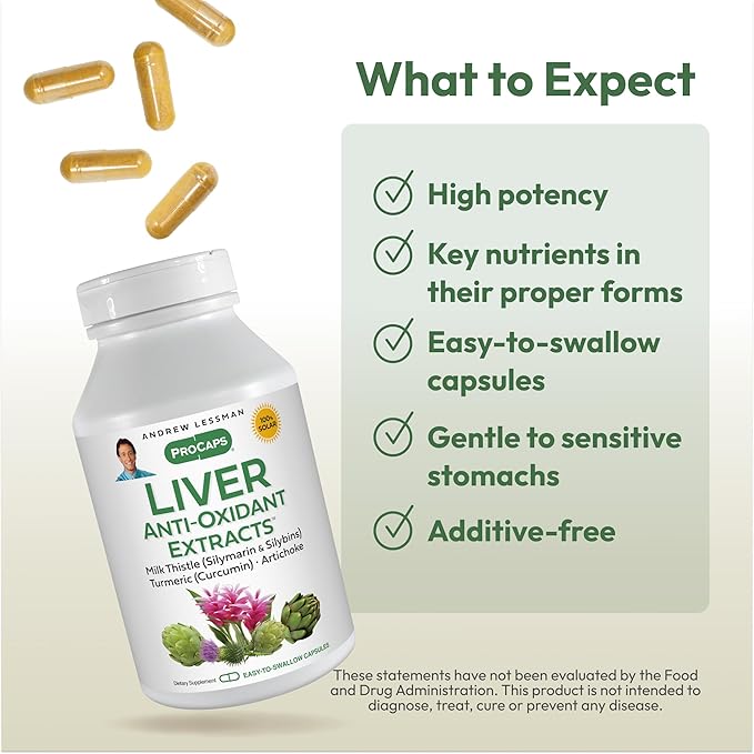 ANDREW LESSMAN Liver Anti-Oxidant Extracts 180 Capsules - Supports The Hard-Working Tissues of The Liver Promotes Optimum Liver Health and Function. Milk Thistle Turmeric and Artichoke Extracts