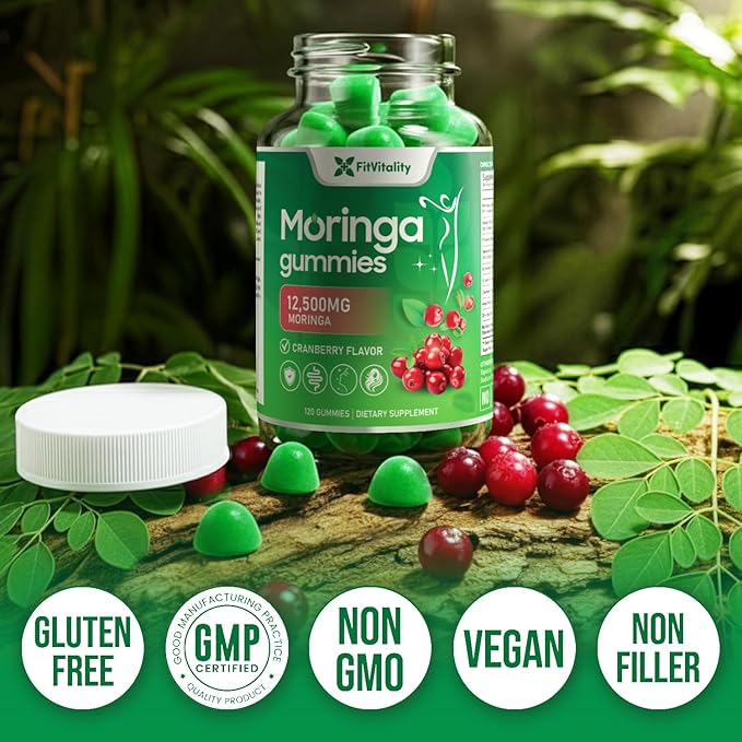 Moringa Gummies with Ginger Turmeric &amp Probiotics | 120 Vegan Sugar-Free Chewables | 12500mg Moringa Equivalent per Serving | Plant-Based Pectin Formula with Vitamin C