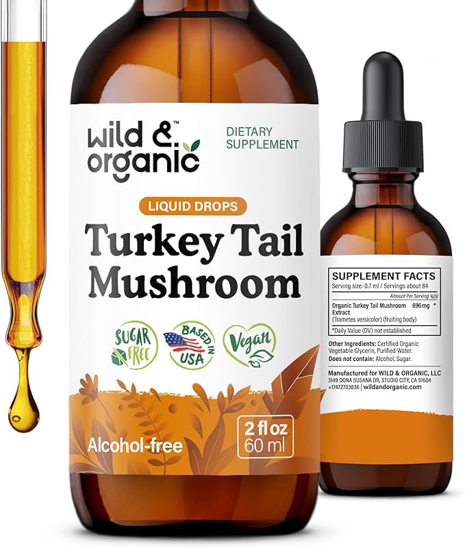 Wild &amp Organic Turkey Tail Tincture - Immune &amp Gut Support - Turkey Tail Mushroom Extract Drops - Vegan Sugar &amp Alcohol-Free Liquid Supplement - 2 fl oz