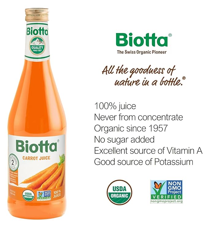Biotta Organic Carrot Juice - 100% Vegetable Juice for Energy Immunity &amp Wellness - Excellent Source of Nutrients - All Natural Non-GMO Gluten-Free (16.9 Fl Oz Pack of 6)