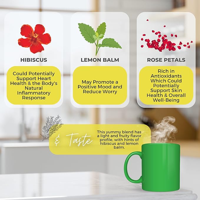 Summer Brew Natural Energy Boost Loose Leaf Tea w/ Hibiscus Lemon Balm Rose Petals | Organic Herbal Tea | 2 oz (57 gram) | Decaf Vegan Healthy ZERO Caffeine Organic Herbs Resealable | Happy S