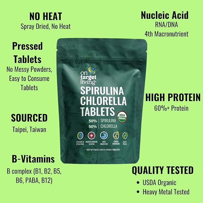 On Target Living Organic Spirulina Chlorella | Supergreens | USDA Organic | 1000 Tablets - 250 G (8.8 oz) | Vegan | Immune Support | Alkalyzing | Nutrient Dense | Protein Dense