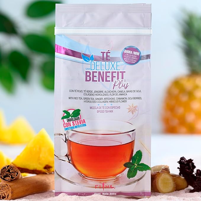 Té Deluxe Benefit Plus – Premium Herbal Tea Blend with Green &amp Red Tea Ginger Artichoke Hibiscus &amp Spices. Natural Flavor Stevia Sweetened - 60 Servings