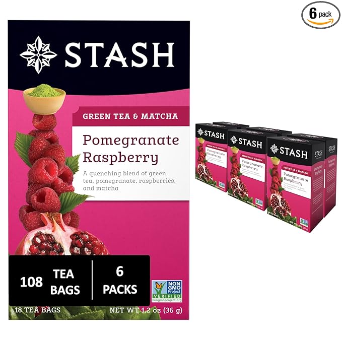 Stash Tea Pomegranate Raspberry &amp Matcha Green Tea - Caffeinated Non-GMO Project Verified Premium Tea with No Artificial Ingredients 18 Count (Pack of 6) - 108 Bags Total