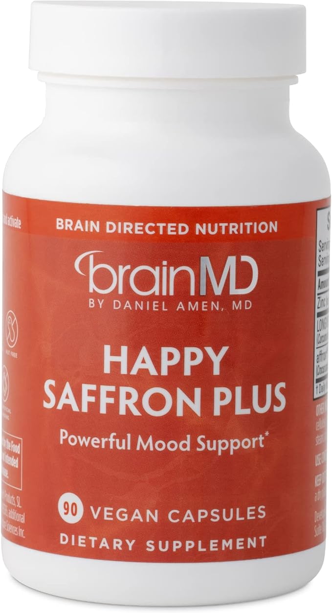 BRAINMD Dr Amen Happy Saffron Plus - 90 Capsules - with Saffron Flower Extract Curcumin &amp Zinc - Vegan Gluten Free - 30 Servings