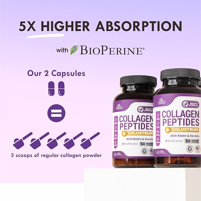 Collagen Peptides for Women with Colostrum Biotin and Keratin - Type I II III V X - 5X Higher Absorption - Hair Skin and Nails Vitamins - Collagen for Women - Collagen Pills - 60 Capsules