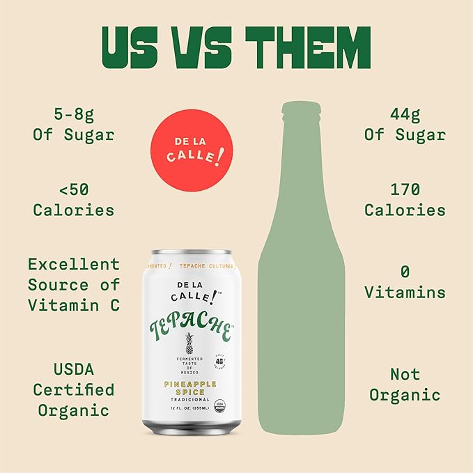 De La Calle Tepache - Pineapple Spice - Modern Mexican Soda - Craft Fermented Pineapple Sparkling Beverage - Certified Organic Antioxidant Rich Non-Alcoholic Healthy Soda Low Sugar Low Calorie N