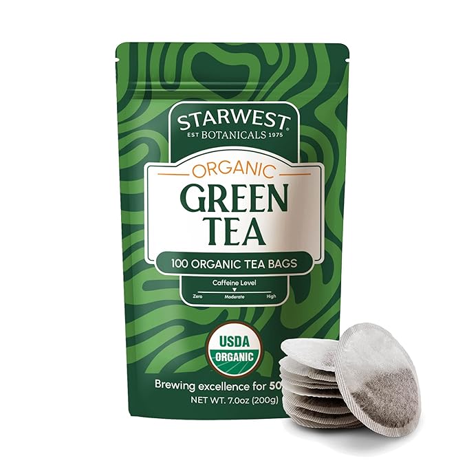 Starwest Botanicals Organic Green Tea - Caffeinated Herbal Tea Contains Caffeine Tea with Antioxidant Properties USDA Organic Green Tea Leaf Non GMO - Bulk Pack 100 Tea Bags