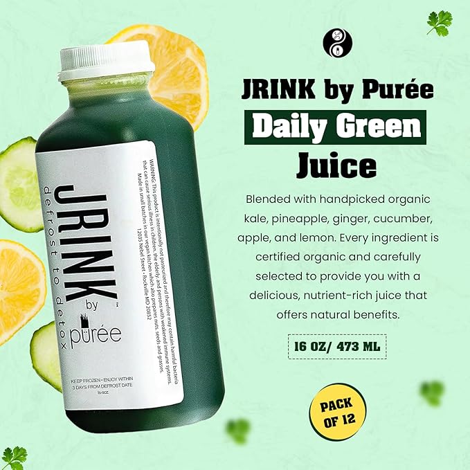 JRINK by Purée Daily Green Juice Cold Pressed Organic Fruit and Vegetable Blend Detox Cleanse Healthy Raw Greens Drink No Preservatives Juice Cleanse 16oz HDPE Bottles Pack of 12