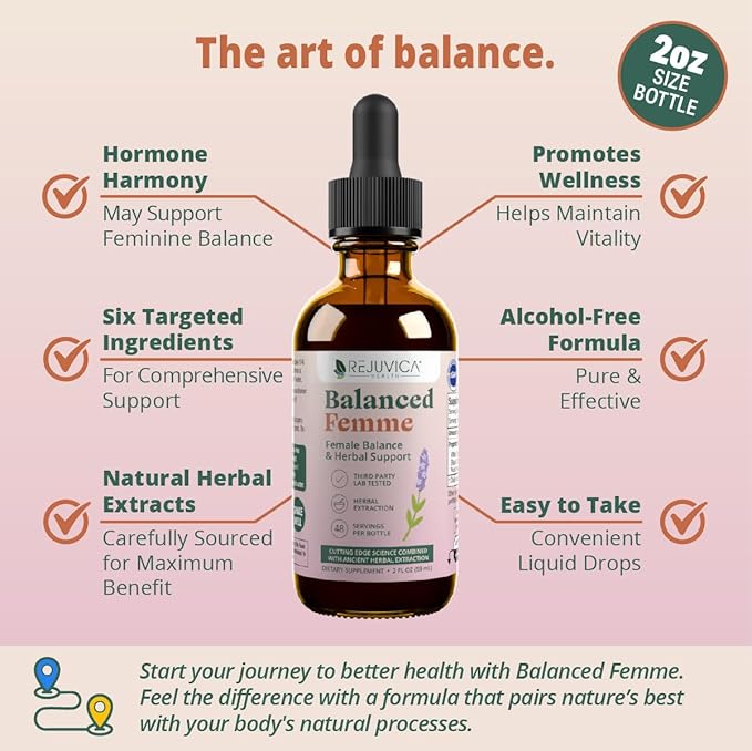 Rejuvica Health Balanced Femme - Advanced Female Balance Support Supplement - Liquid Delivery for Better Absorption - Vitex Dong Quai Black Cohosh Maca Wild Yam &amp More!