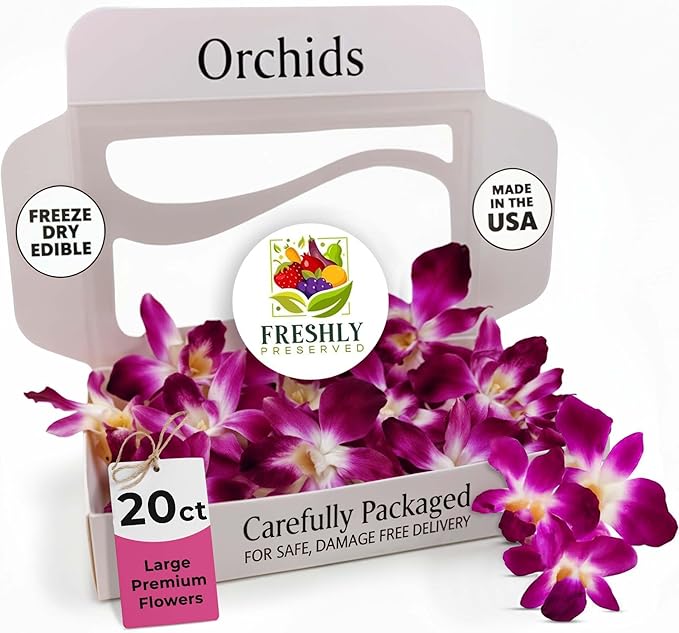 Freeze-Dried Purple Edible Orchids 0.2 oz | About 20+ Flowers | Dried Edible Orchids for Cocktails Wedding Cakes Desserts Baking DIY Crafts Food Garnish Elegant Culinary Decoration