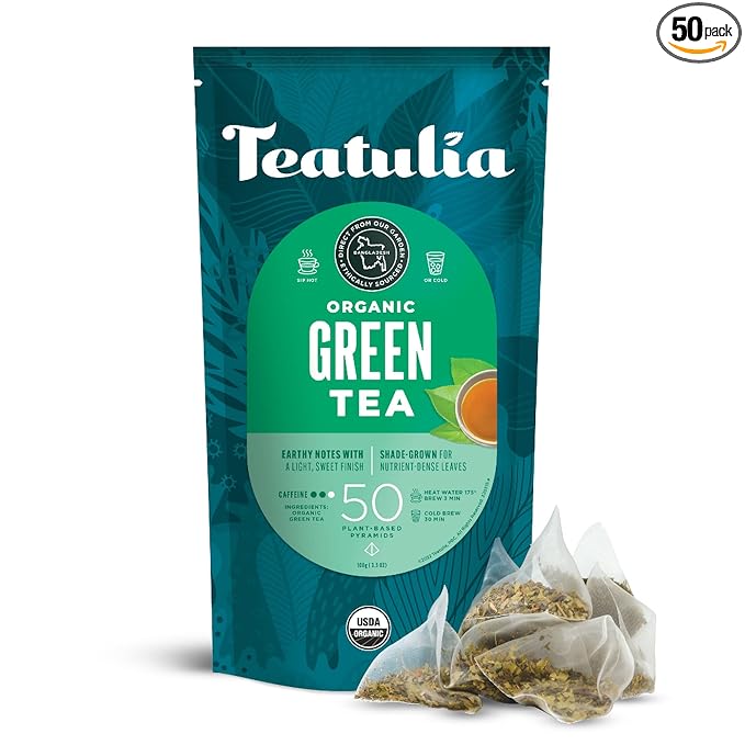 Teatulia Organic Green Tea Bags (50 Pyramid Sachet Teabags) Pure Whole Leaf Natural Green Tea In Bags. Premium 100% Compostable and Sustainably Grown In Bangladesh