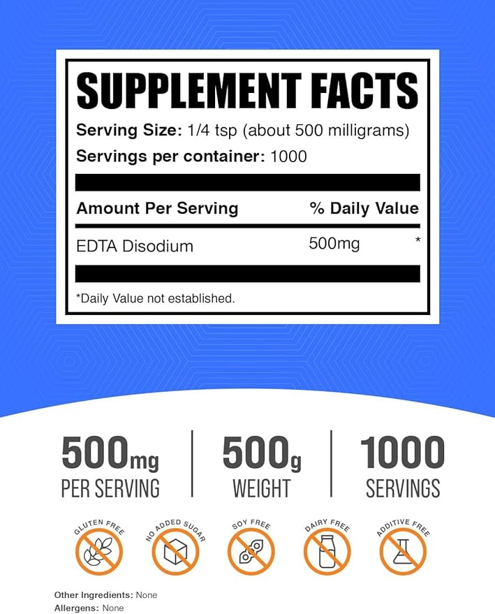 BulkSupplements.com Disodium EDTA Powder - EDTA Disodium Salt Food Additive - Food Grade Pure &amp Gluten Free 500mg per Serving 500g (1.1 lbs) (Pack of 1)