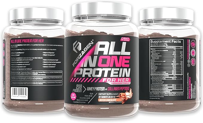Forzagen All in One Protein for Her | Women’s Protein Powder with Multi Collagen Peptides | Hydrolyzed Collagen Supplement Gut Health Great for Pre &amp Post Workout | Dutch Chocolate 30+ Servings
