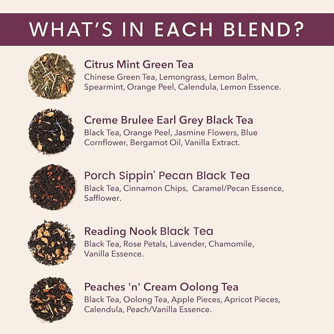 Loose Leaf Tea Sampler – 5 Caffeinated Blends Including Creme Brulee Earl Grey Peach Oolong Citrus Mint Pecan and Floral Black – 75 to 100 Cups – Handcrafted in USA – Plum Deluxe