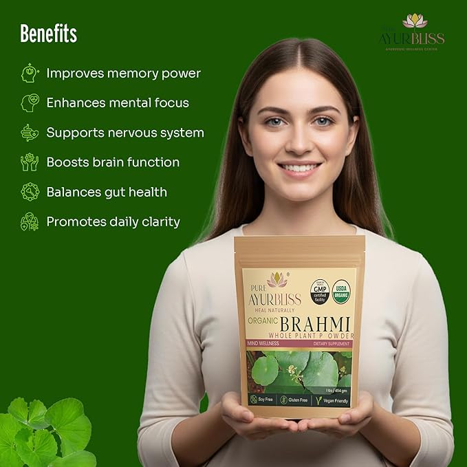 100% Organic Brahmi Powder Ayurvedic Bacopa Monnieri for Memory Focus and Nervous System Care Nootropic Brain Support Blend for Cognitive Wellness Gut Balance - 16oz
