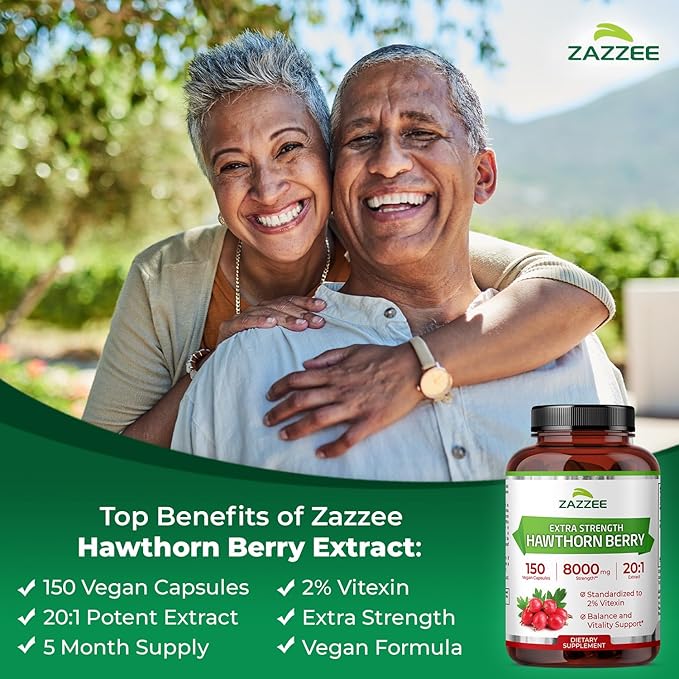 Zazzee Extra Strength Hawthorn Berry 20:1 Extract 2% Vitexin 150 Vegan Capsules 5 Month Supply Crataegus Pinnatifida Antioxidant &amp Circulation Support 10X Concentrated Non-GMO Made in the