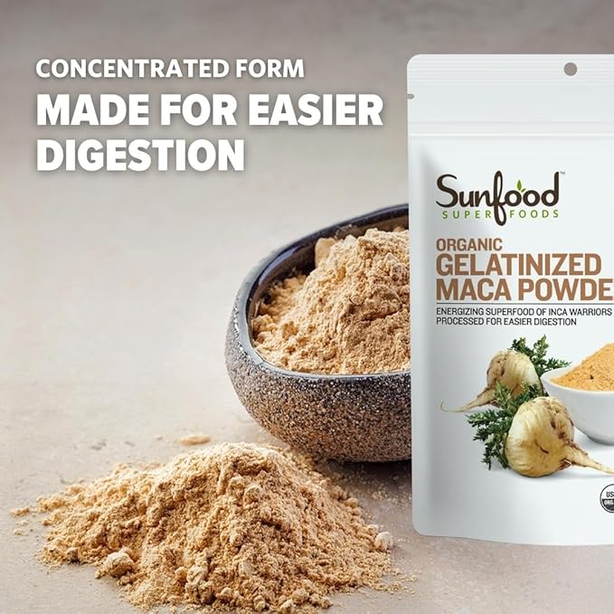 Sunfood Superfood Organic Gelatinized Maca Root Powder - Pure Raw Maca Powder for Women &amp Men Use in Coffee or Smoothie Certified USDA Organic Non-GMO Vegan Gluten Free Earth Kosher - 8 oz B