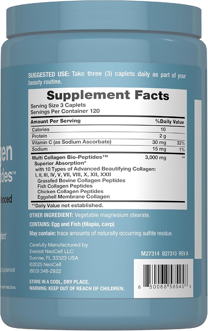 NeoCell Multi Collagen Peptides Pills | 360 Caplets | Superior Absorption | Types I II III IV VIII X XII XXII | for Women and Men