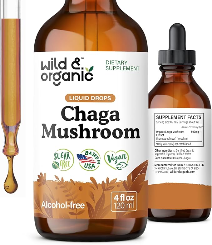 Wild &amp Organic Chaga Mushroom Drops - Immune Support with Chaga Extract - Liquid Mushroom Supplement for Immunity - Vegan Sugar &amp Alcohol-Free Tincture - 4 fl oz