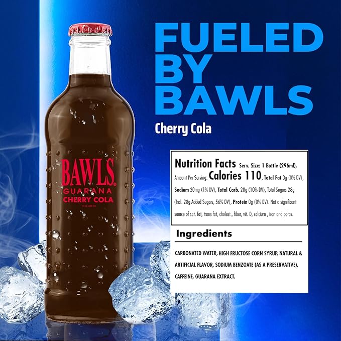 BAWLS Guarana Cherry Cola BAWLS Guarana Drink Guarana Soda Guarana Fueled Soda for Energy High Energy Caffeinated Drink 10oz 12 Pack Glass Bottles