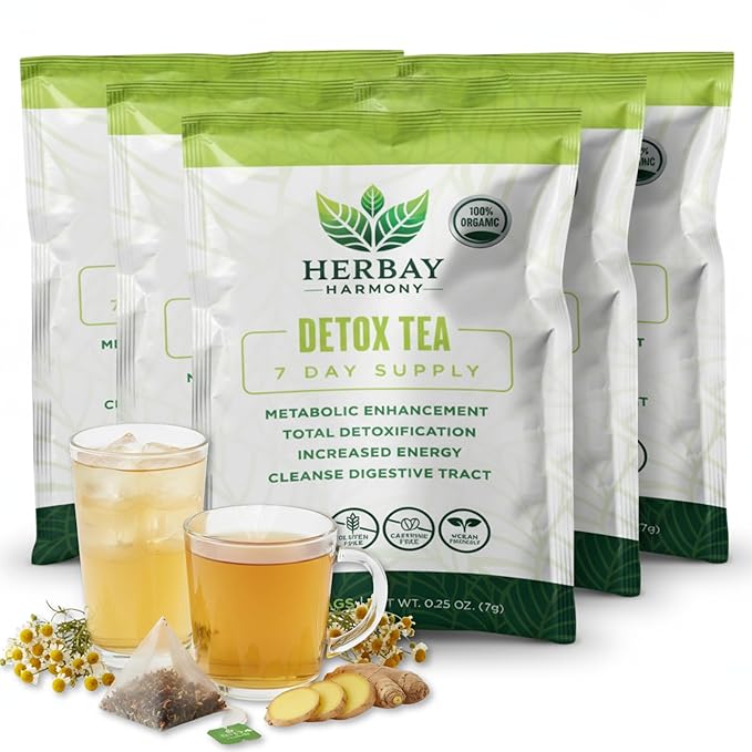 Herbay Harmony Organic Detox Tea – Caffeine-Free Herbal Cleanse for Bloating Relief Digestive Tea &amp Natural Body Detox Organic Herbal Blend with Ginger Chamomile &amp Papaya (4 Pack (4‑Week De
