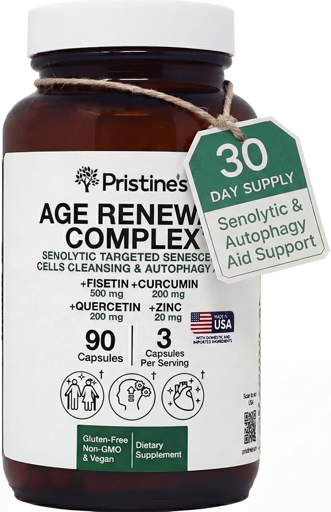 PRISTINE'S Senolytic Anti Aging &amp Autophagy Aid Age Renewal Complex - Senescent Cell Removal Support - Fisetin Quercetin Curcumin Zinc - Gluten Free Non-GMO Vegan USA Made