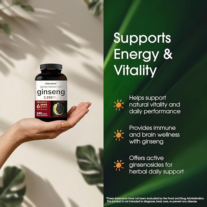 NatureBell Panax Korean Red Ginseng - 240 Softgels - 2250mg High Strength Herbal Vitality Support* - Standardized 10% Ginsenosides from Six-Year-Old Ginseng Root - Energy &amp Immune Support*