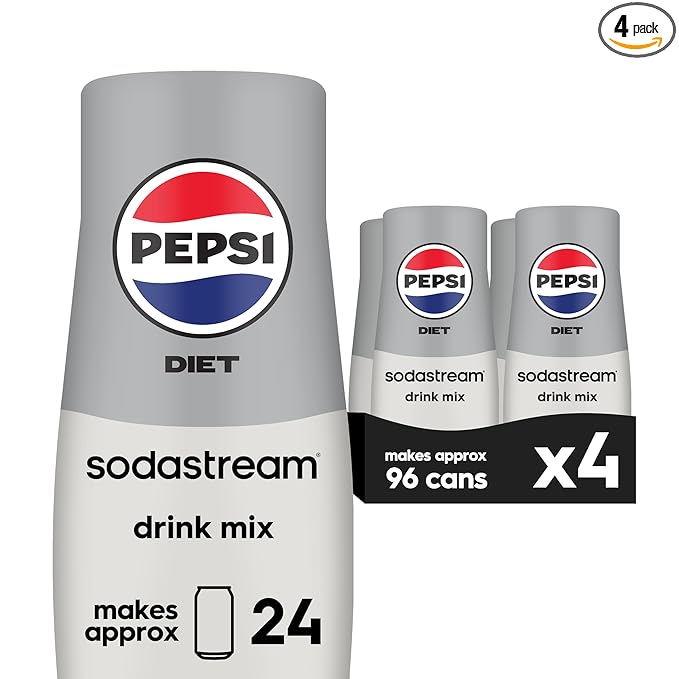 SodaStream - Diet Pepsi Beverage Mix Diet Flavor for SodaStream Turns 9.5 Gallons of Sparkling Water into Diet Pepsi Light Crisp and Refreshing with Zero Calories 14.9 Fl Oz Pack of 4