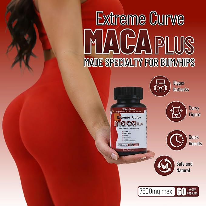Maca Plus Capsules 7500mg Big Booty Enhancer with Maca Root Gluteus Boost Vitamins for Women's Extreme Curve 60 Count