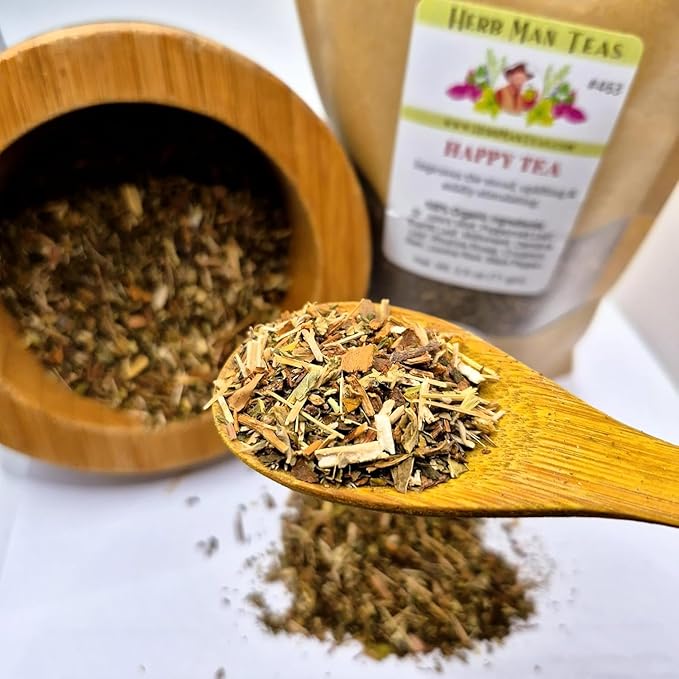 HAPPY TEA – Daily Mood &amp Feel-Good Support – Organic Loose Leaf – by Master Herbalist Khabir | St. John’s Wort Rhodiola rosea &amp Peppermint