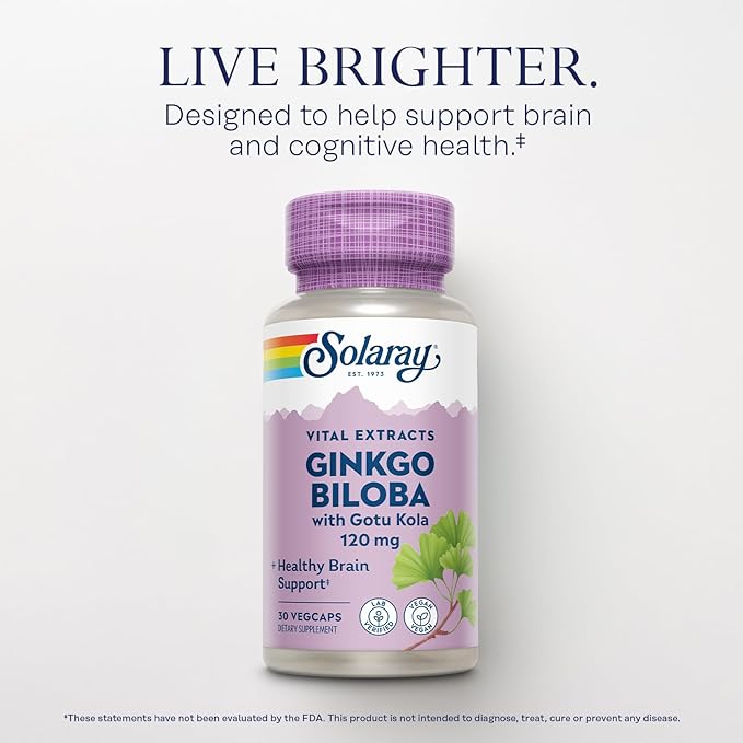 SOLARAY Ginkgo Biloba Extract with Gotu Kola - Ginko Biloba Capsules for Brain Health Support - Vegan Lab Verified 60-Day Guarantee - 60 Servings 60 VegCaps (30 VegCaps) (Pack of 2)