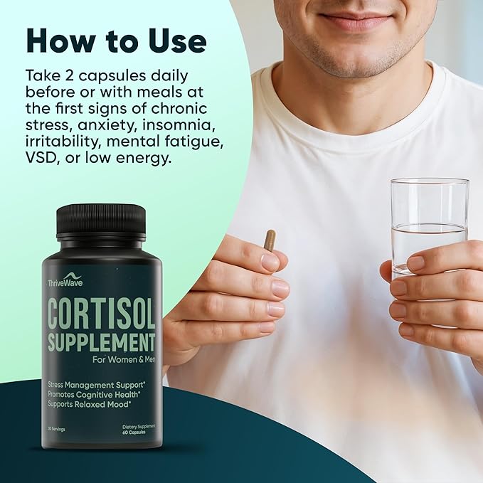 Cortisol Supplements for Women &amp Men - Bacopa Monnieri Lemon Balm Ashwagandha with 5 HTP GABA L-Theanine Supplement - Stress &amp Mood Support for Adults - Happy Pills for Nerve Calm - 60 Cap