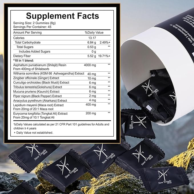 Shilajit Gummies 10-in-1 Ultra Shilajit Gummies | 4000 mg Pure Shilajit Tongkat Ali Maca Root 75% Fulvic Acid | Sugar-Free Vegan 85+ Trace Minerals | 90 Pack