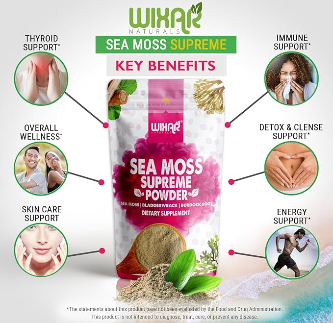 Wixar Wildcrafted Sea Moss Powder – (8 Ounces) – Natural Irish Sea Moss and Bladderwrack with Burdock Powder - Thyroid Support Healthy Skin Keto Detox Joint Support Alkaline Supplements
