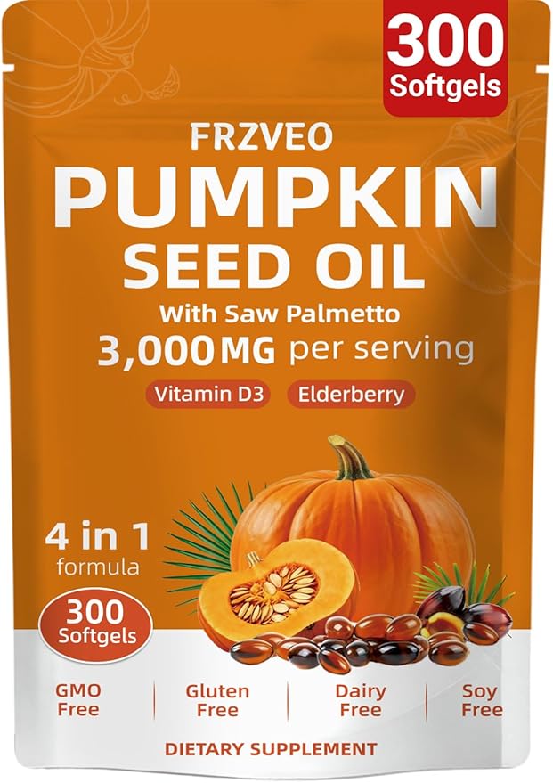 Pumpkin Seed Oil with Saw Palmetto Vitamin D3 &amp Elderberry-300 Capsules Pure Virgin Oil Essential Fatty Acids &amp Phytosterols-Supports Prostate Function Hair Health &amp Urinary Comfort