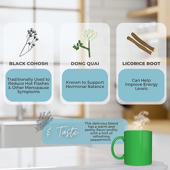 Menopause Symptom Relief Loose Leaf Tea w/ Red Clover Black Cohosh Dong Quai | Organic Herbal Tea | 2 oz (57 gram) | Decaf Vegan Healthy ZERO Caffeine Organic Herbs No Natural or Artificial Fl