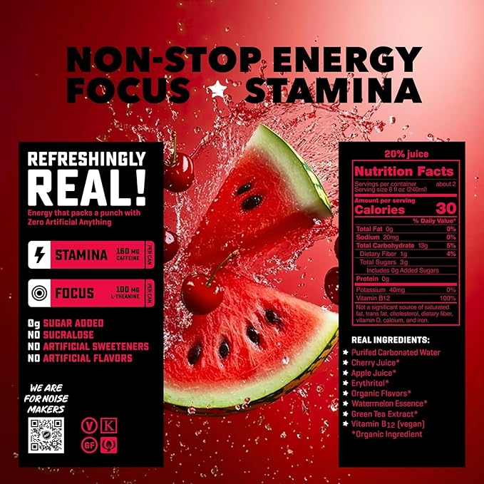 RIOT Clean Energy Drink – Cherry Watermelon | No Sucralose No Sugar Added No Artificial Flavors | 160mg Natural Caffeine + 100mg L-Theanine | Clean Focus &amp Smooth Energy | 16 Fl Oz (Pack of 12)