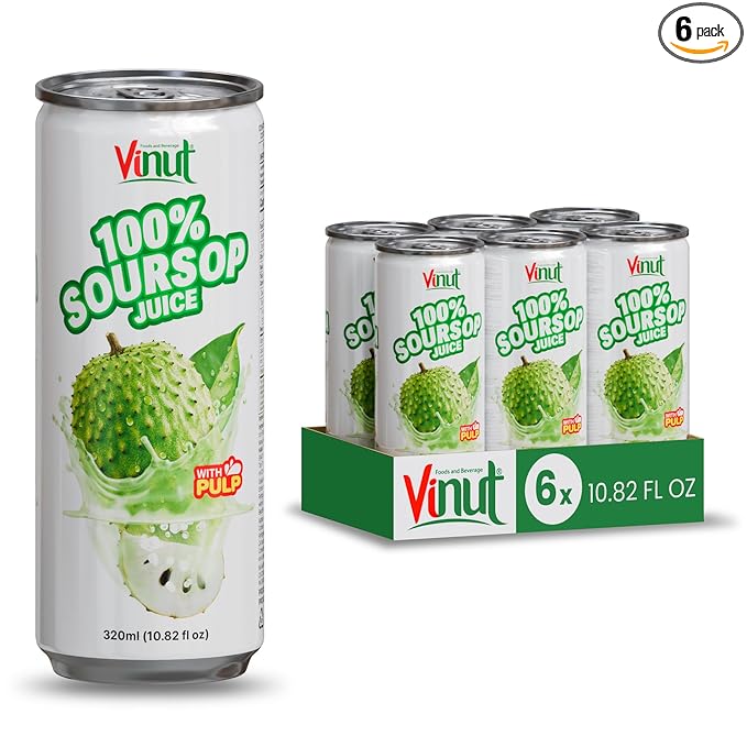VINUT 100% Soursop Juice with Pulp (Guanabana Graviola) No Added Sugar Not From Concentrate Gluten Free &amp Non-GMO Drink 100% Vegan/Plant-Based 10.82 fl oz Cans (Pack of 6)