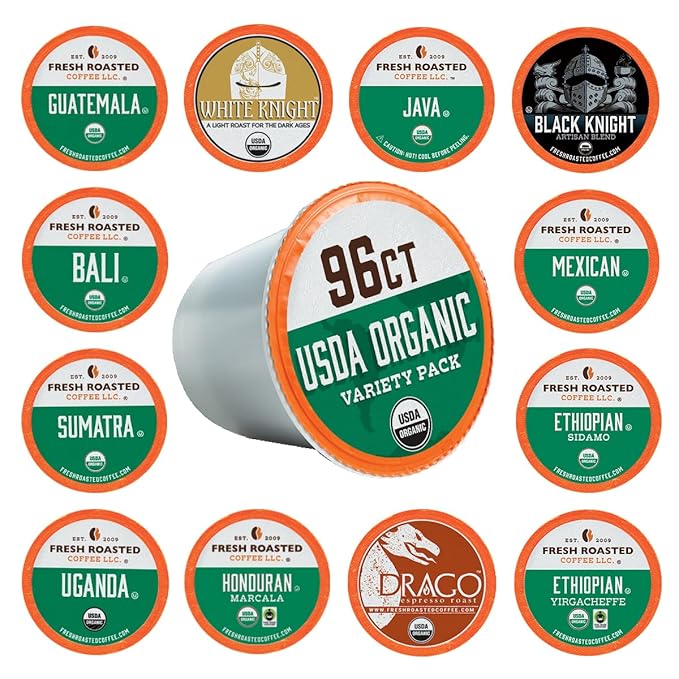 Fresh Roasted Coffee USDA Organic Variety Pack | 96 Pods for K Cup Brewers