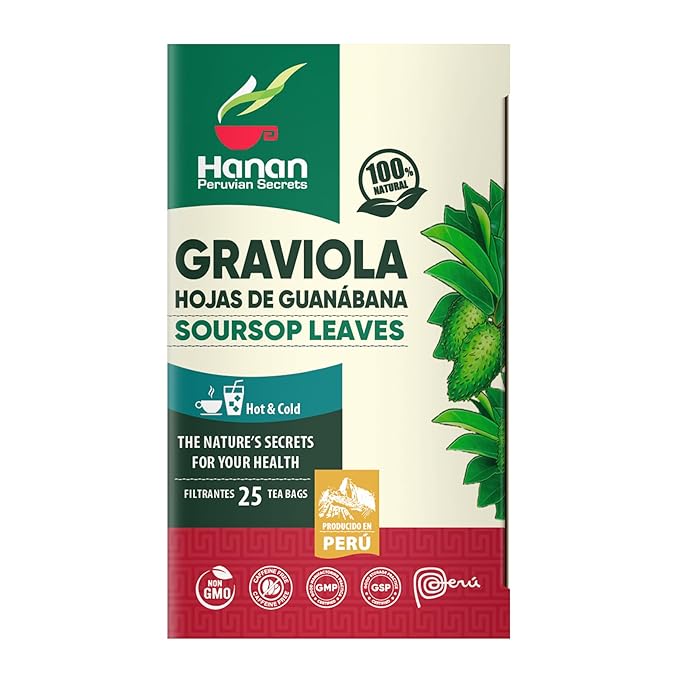 Hanan Peruvian Secrets Hojas De Guanabana-Graviola Herbal Tea | 100% Natural Soursop Leaves | 25 Tea Bags | Naturally Aids in Supporting the Liver and Immune System- 6 Pack
