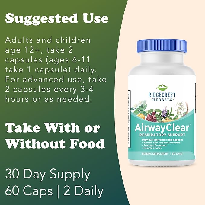 Ridgecrest Herbals AirwayClear Lung Health and Breathing Support Supplements with Schisandra Fruit Cassia Bark and Ginger Root Sinus Mucus Support Gluten Free (60 Vegan Caps 30 Serv)