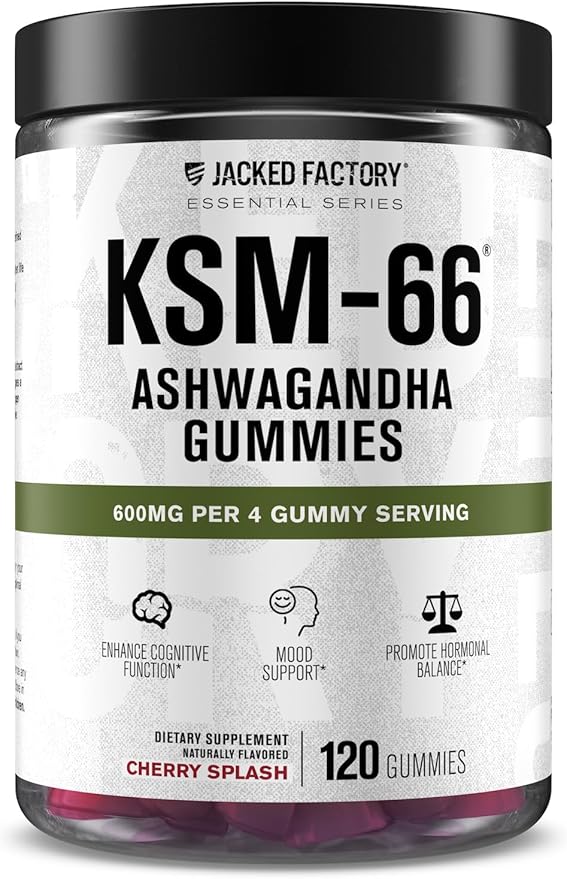 Jacked Factory Ashwagandha Gummies - KSM 66 Ashwagandha Gummies (600mg Per Serving) - Enhance Cognitive Function Boost Mood and Promote Hormonal Balance - 120 Gummies Cherry Splash
