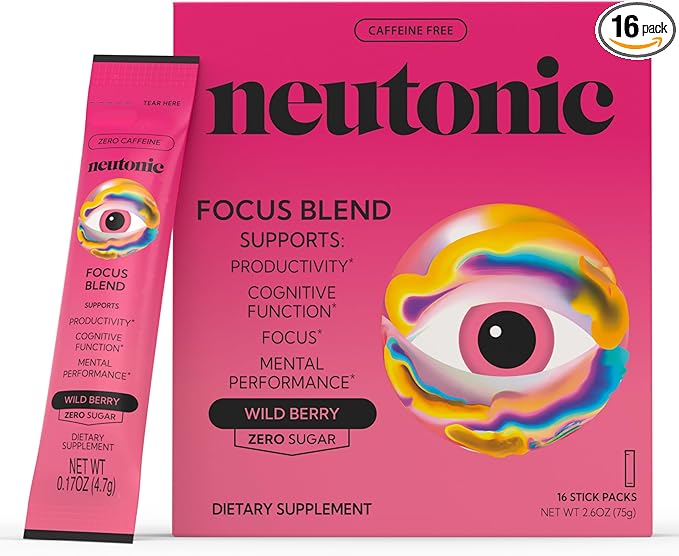 Neutonic Nootropic Focus Blend Powder | Wild Berry 16 Sticks | Caffeine Free Zero Sugar | Support Memory Mental Clarity Cognitive Function | Boost Focus Energy Brain Health