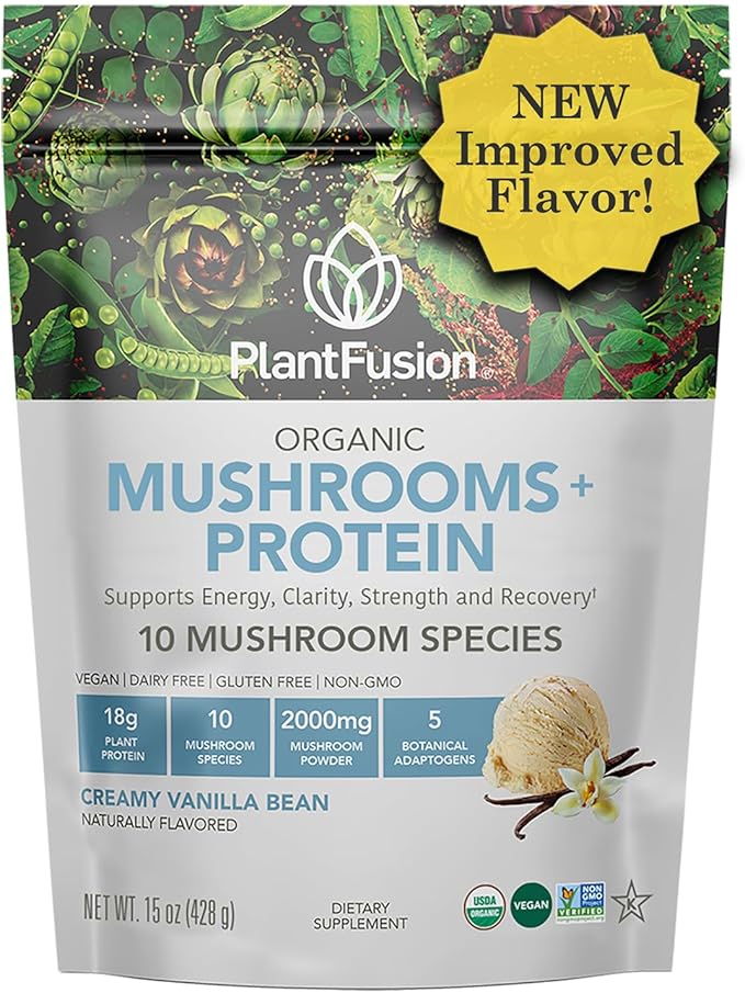 PlantFusion Mushroom Protein Powder - 3 in 1 Vegan Protein Powder Mushroom Supplement and Adaptogen Supplement - Support Mental Focus Immunity and Recovery - Vanilla 1lb