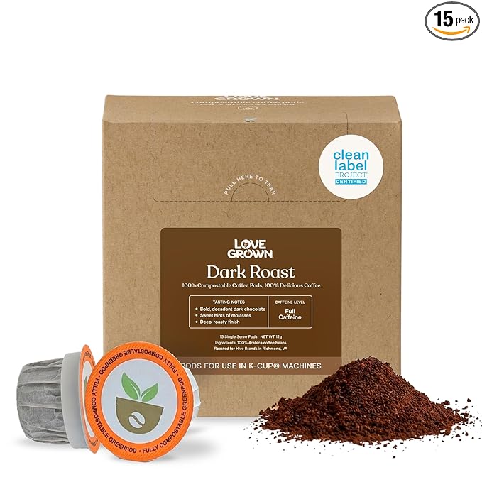 Love Grown Plastic-Free Coffee Pods 100% Arabica Single-Serve Cups Compostable Non-GMO - Compatible with Keurig Coffee Pods Machines and K-Cup Brewers Dark Roast Flavor Box of 15