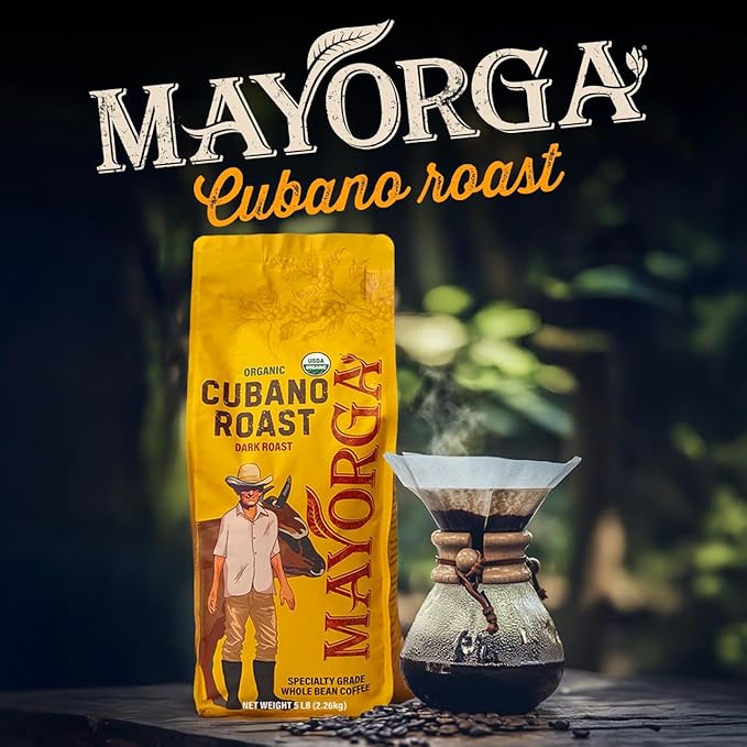 Mayorga Dark Roast Coffee 5lb bag Cubano Roast 100% Arabica Café Whole Coffee Beans - Smoothest Organic Coffee - Specialty Grade Non-GMO Direct Trade