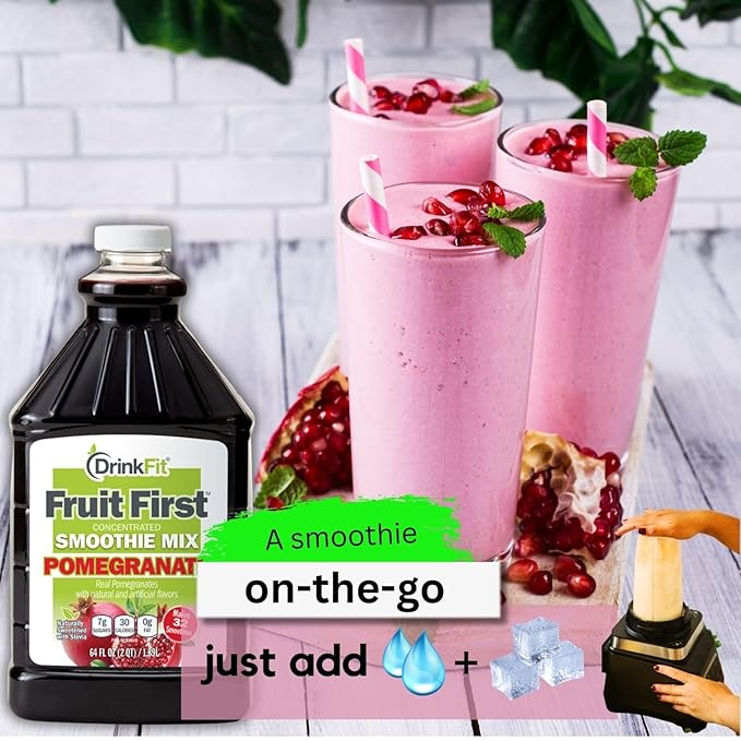 DrinkFit Fruit Smoothie | Real Fruit Puree Low Sugar Gluten:Free &amp Non:GMO Pomegranate Smoothie Mix : Makes 32 Smoothies 64 Fl Oz with Dispensing Pump (Pomegranate)