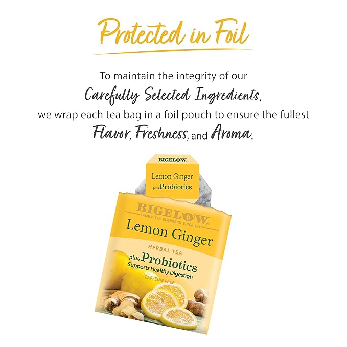 Bigelow Tea Lemon Ginger plus Probiotics Herbal Tea Caffeine Free Tea with Lemon and Ginger 18 Count Box (Pack of 6) 108 Total Tea Bags