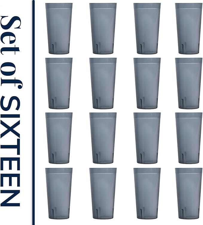US Acrylic Cafe Plastic Reusable Tumblers (Set of 16) 20-ounce Water Cups in Grey | Value Set of Restaurant Style Drinking Glasses Stackable BPA-free Made in the USA | Top-rack Dishwasher Safe